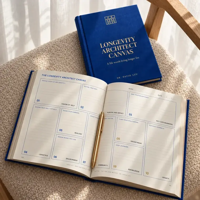 The Longevity Architect Canvas open on a chair, the gatefold Canvas and a gold pen